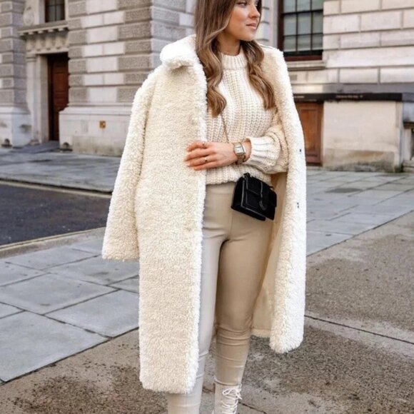 Zara Teddy Bear Faux Shearling Coat Oyster White Blogger Fav Size Small - Picture 3 of 14